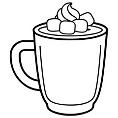Simple line art drawing of a hot chocolate mug with marshmallows and whipped cream
