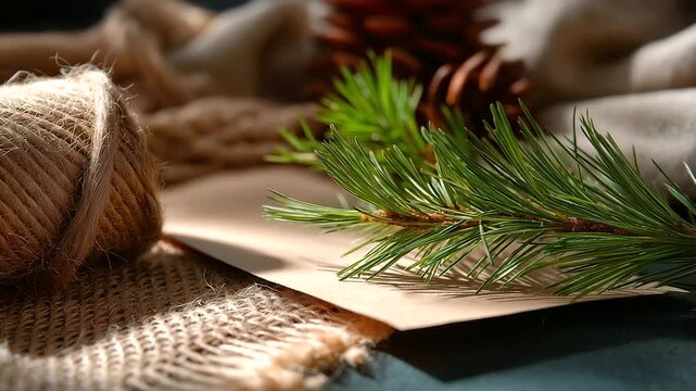 Defocused macro view of paper textures, jute rope, and pine branches symbolizing eco Christmas crafts, with copy space.