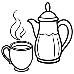 Steaming coffee cup next to a coffee pot