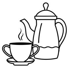 Simple line art of a teapot and steaming cup of tea