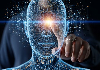 Artificial intelligence concept with a digital human face made of glowing particles and a hand touching it