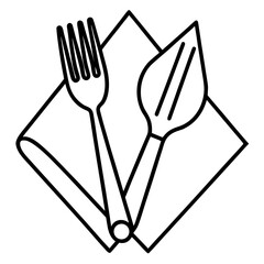 Simple outline icon of fork and knife on napkin