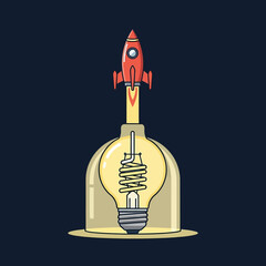 Innovative launch: Red rocket igniting from a light bulb, symbolising creative project startup