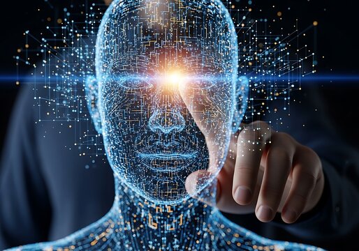 Artificial intelligence concept with a digital human face made of glowing particles and a hand touching it - Powered by Adobe