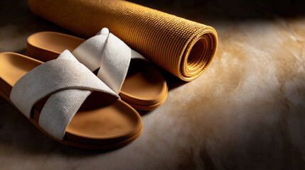 Comfortable sandals beside a rolled yoga mat on a surface