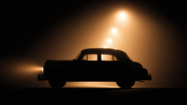 A vintage car silhouetted against a mysterious, illuminated backdrop, exuding an air of intrigue and timelessness