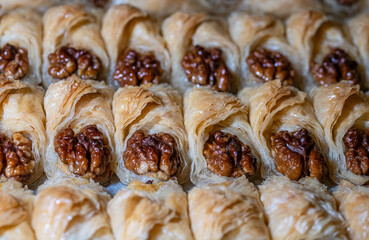 Karisik Turk tatlilari. New dessert varieties at the  luxury hotel open buffet. Milk-based desserts,  Turkish Dessert Sobiyet, havuc dilimi, midye baklava, mussels baklava and classic baklava. 
