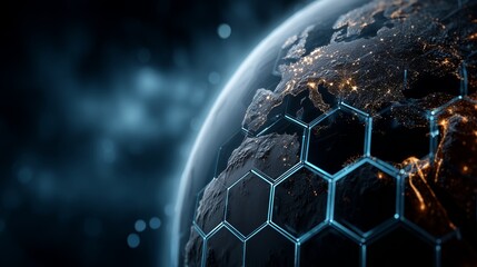 Futuristic Earth Grid with Blue Gradient Background and Illuminated City Nodes