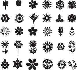 Black and White Flower Silhouette Set,
Floral Vector Icons Collection,
Decorative Blossom Pattern Design