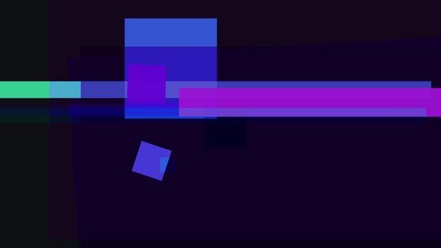 Abstract geometric composition with overlapping rectangles and squares in shades of blue, purple, and teal on a dark background