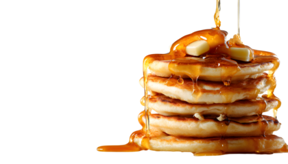waffles and pancakes with maple syrup on a white background, place your text in the designated copy space at the top.
