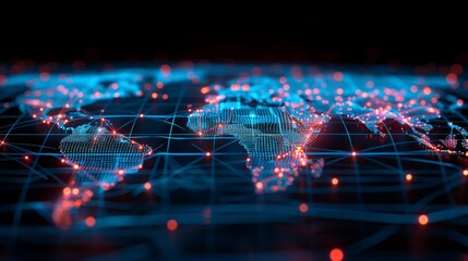 Digital Global Map with Glowing Trade Routes Connecting Continents in a Futuristic Data Network