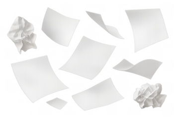 White paper sheets and crumpled balls flying and falling, showing concepts of creativity, errors, process, and rejection. Transparent background