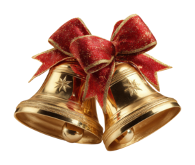 Celebrating joyful moments golden bells with red ribbon holiday spirit isolated on transparent background
