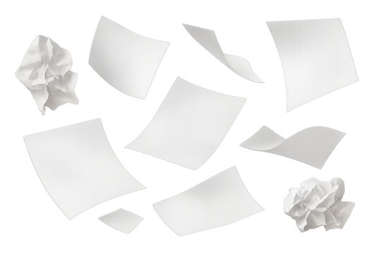 White paper sheets and crumpled balls flying and falling, showing concepts of creativity, errors, process, and rejection. Transparent background