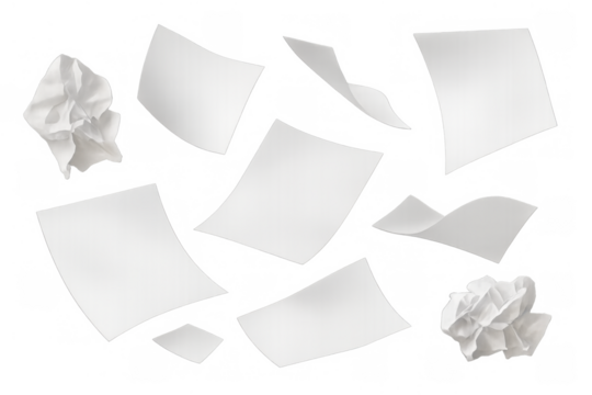 White paper sheets and crumpled balls flying and falling, showing concepts of creativity, errors, process, and rejection. Transparent background