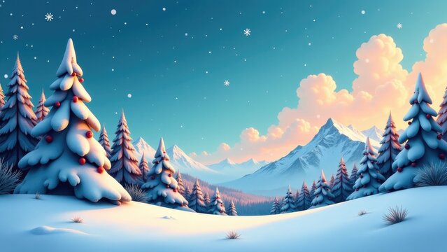 A scenic winter scene with snow-covered trees and a majestic mountain in the background
