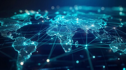 Global Digital Connectivity, Futuristic World Map with Data Points and Technological Interconnections