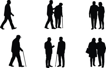 Elderly care, senior silhouette, social interaction, walking aid, companionship icon, cad drawing flat vector illustration