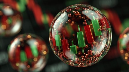 Red and green candlestick charts encased in a floating transparent bubble, symbolizing inflation, speculation, and financial instability.