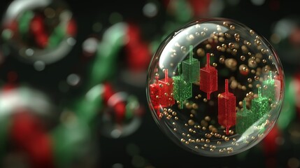 A crystal-clear bubble encloses red and green candlestick charts, symbolizing economic inflation, volatility, and market risk.
