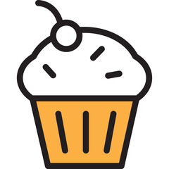 Simple Line Art Cupcake With White Frosting And Cherry On Top Isolated On Transparent Background