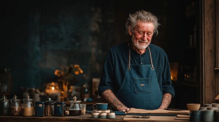 Elderly man with gray hair and beard wearing apron working at cozy cafe counter, representing active role in ageing economy workforce