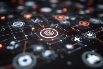 Obraz premium Digital Technology Interface with Icons Representing Data, Security, Networking, and Communication in a Modern Workspace Environment