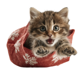 Playful kitten in holiday bag cute animal isolated on transparent background