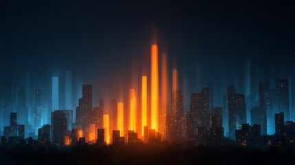 Urban Growth Surge, A Futuristic City Skyline Illuminated by Data-Driven Expansion and Economic Momentum
