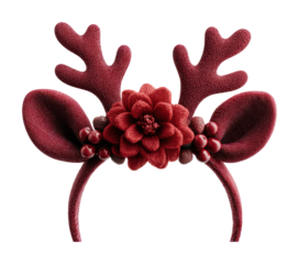 Festive holiday headband with antlers and flower cheer isolated on transparent background