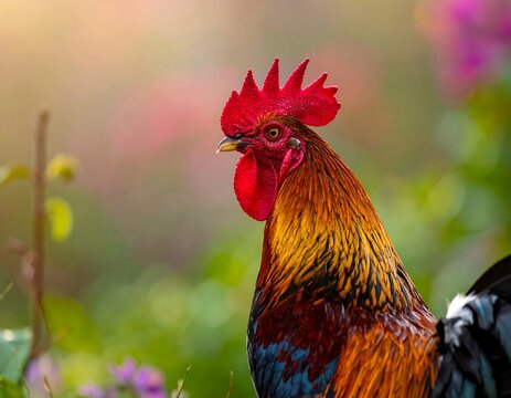 Close-up of vibrant rooster with bright plumage and a red comb