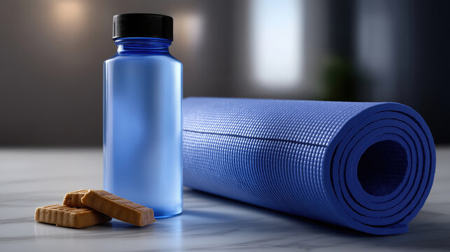 Stay fit and healthy with yoga mat, water, and snacks
