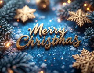 Golden Merry Christmas wishes on a blue background surrounded by spruce branches, golden baubles and golden snowflakes