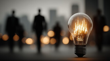 Visionary Insight, A Glowing Light Bulb Ignites Business Ideas Amid Market Charts and Corporate Silhouettes