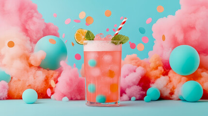 Vibrant pink summer cocktail with lime and mint, featuring whimsical backdrop of fluffy pastel pink and orange clouds, smooth blue spheres, and scattered colorful confetti on bright aqua stage