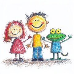 Fototapeta premium Colorful drawing of a girl, boy, and frog character with cheerful smiles.