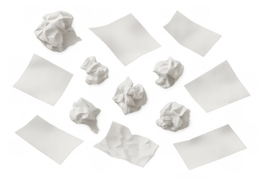 Crumpled and blank paper sheets flying, representing ideas, creativity, and brainstorming on transparent background