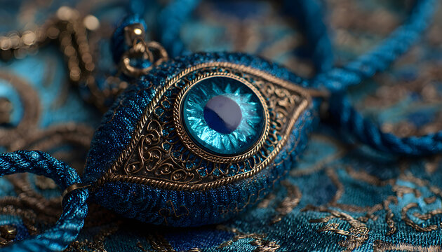 create a captivating photo featuring an intricately designed evil eye or nazar amulet in a close up shot
