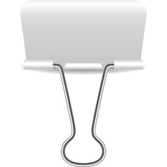 Simple silver metal binder clip with a white top for holding papers together on a transparent background with soft shadow