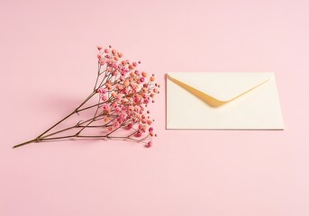 Delicate pink babys breath flowers arranged next to a creamcolored envelope on a soft pink background, evoking a sense of romance and communication