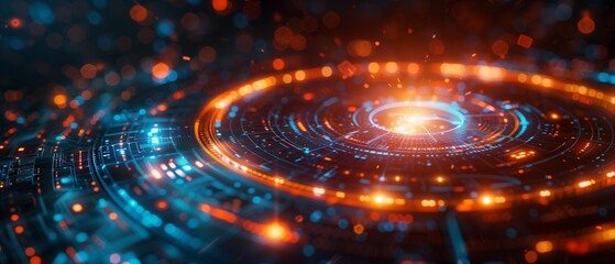 Futuristic HUD Interface: High-Tech Circular Data Display in Neon Blue and Orange Light Patterns