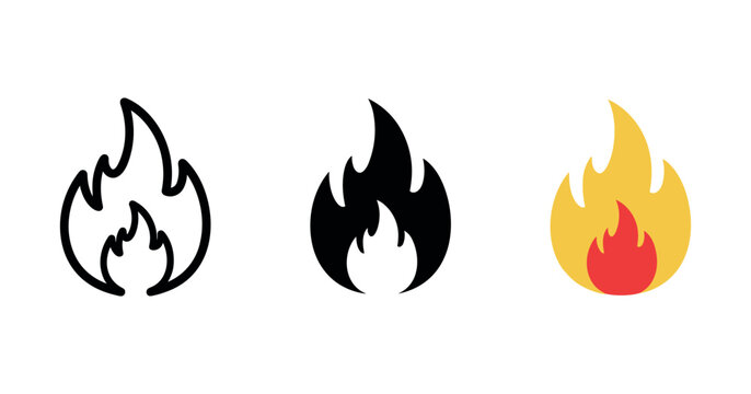 Set of three fire icons in black and yellow red color variations