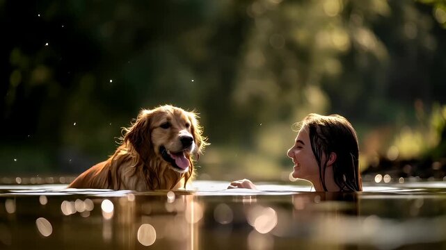 A woman and a dog playfully interact in a serene outdoor setting during what appears to be the golden hour, with the sun casting a warm, golden hue over the scene.