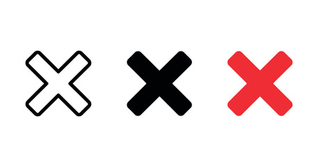 Fototapeta premium Set of three multicolored x mark symbols in white, black, and red