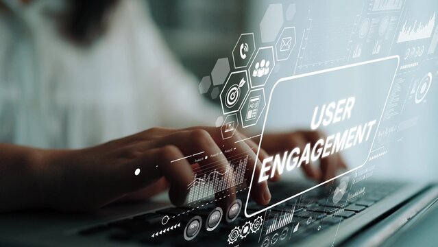 Hands Typing on Laptop with Digital User Engagement Concept and Graphic Interface Overlay in Modern Workspace. Asymptotic smart data analytic.