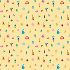 Cute birds and their birdhouses seamless pattern. Cute Cartoon birds background. Vector Illustration