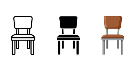 Three chairs: outline, silhouette, and realistic brown leather design