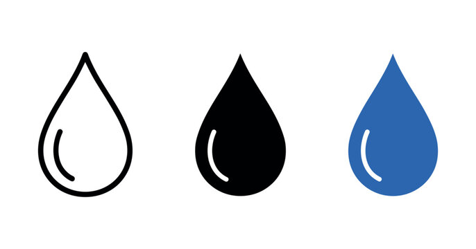 Minimalist icon set: black, white, and blue droplet designs on white background