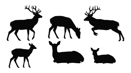 Deer silhouettes collection isolated on white background, Vector